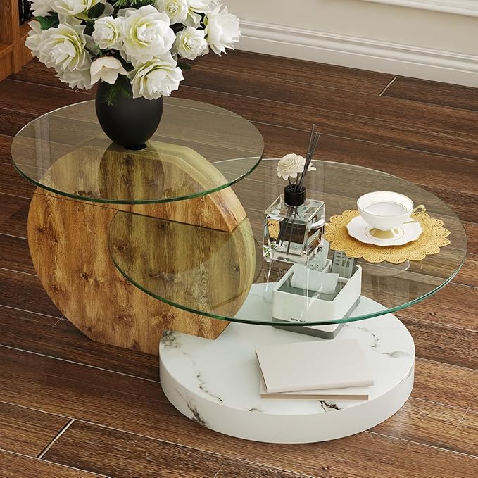 35 Inch Glass Coffee Table，Round Coffee Table with 2-Tier Tempered Glass Tabletop，Easy to Clean Circle Coffee Table with Sturdy Base for Living Room，Office （Brown & White Marble Colored Base）