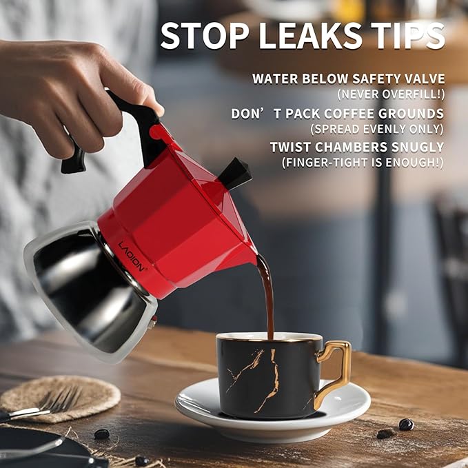 Stovetop Espresso Maker, 3Cup Moka Pot, Espresso Machine Compatible with Induction Cooktops, 150ml Stainless Steel & Aluminum Cuban Coffee Maker for Cafetera Cubana, Red