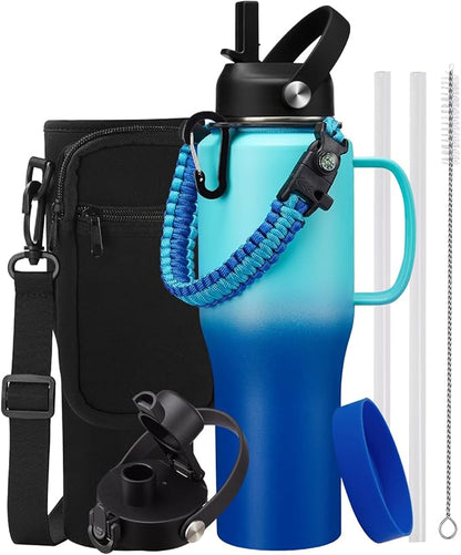 32 OZ Stainless Steel Water Bottle with Straw - Kepp Cold 48Hrs Slim Water Bottle Fits in Cup Holder, 32oz Waterbottle with Straw & Spout Lids, Carrier Bag, Insulated Tumbler Cups Flask for Travel