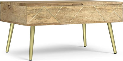 SIMPLIHOME Jager Lift Top Coffee Table - 36 inch Wide Solid Mango Wood Contemporary Modern Cocktail Table in Natural, Stylish Living Room Table with Hidden Storage, Brass Inlay, and Gold Metal Legs
