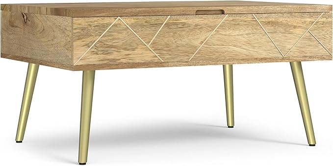 SIMPLIHOME Jager Lift Top Coffee Table - 36 inch Wide Solid Mango Wood Contemporary Modern Cocktail Table in Natural, Stylish Living Room Table with Hidden Storage, Brass Inlay, and Gold Metal Legs