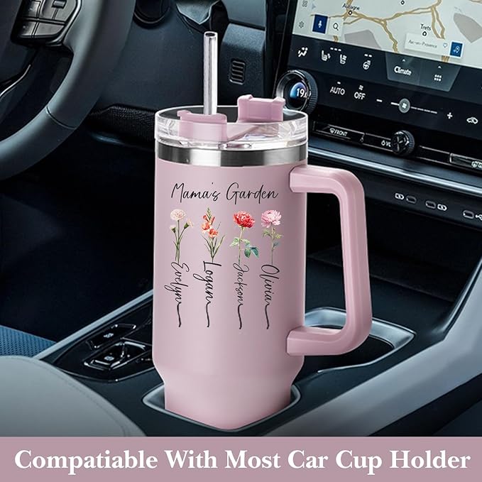 Ships Next Day,Birth Flower 40 Oz Tumbler with Handle and Straw, Personalized Tumbler with Name Insulated Cup Reusable Stainless Steel Water Bottle Travel Mug Christmas Birthday Gifts for Women
