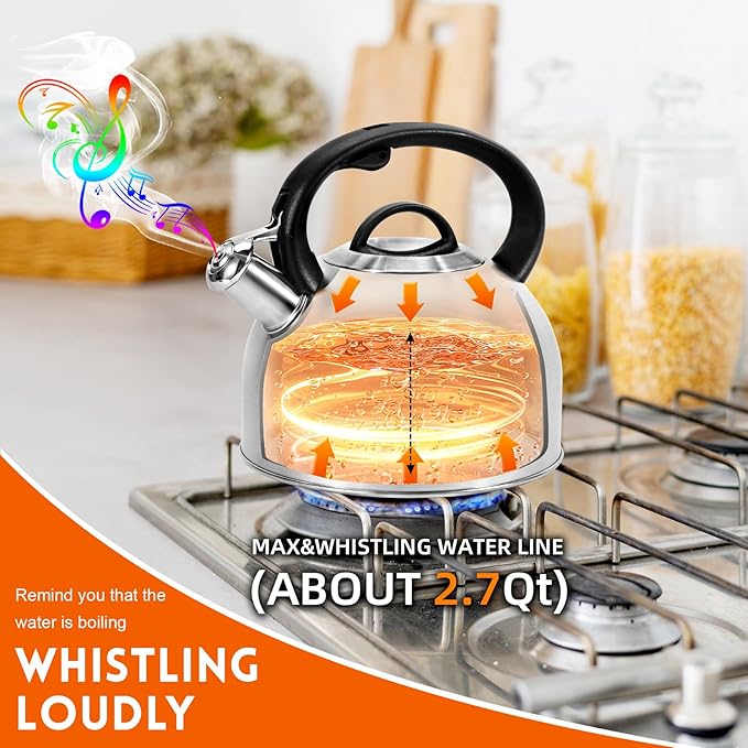 Whistling Stovetop Tea Kettle, 3L Food-Grade 304 Stainless Steel Teapot, Ergonomic Handle,Hot Water Quick Boil,All Metal Stove Kettle Rust Resistant and Durable,With Anti-Scald Towel(Silver)