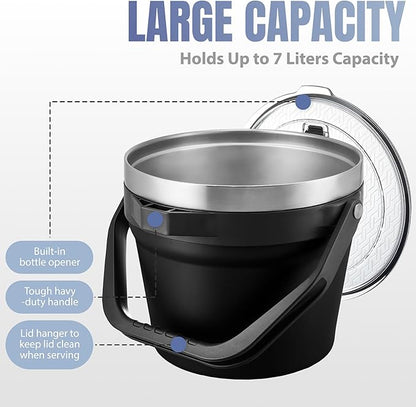 COKTIK 7L Vacuum Insulated Ice Bucket with Lid and Scoop& Tongs，Large capacity Stainless Steel Beverage Bucket for Cocktail, Champagne, Wine, Beer，Large Parties（Carbon Black Suit）