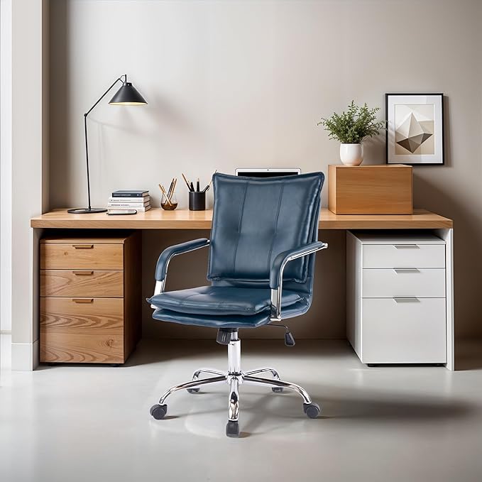 Mid-Back Ergonomic Leather Office Chair, Modern Upholstered Executive Desk Chair with Gold Frame Armrest Computer Task Chair (Dark Blue &Silver Legs)