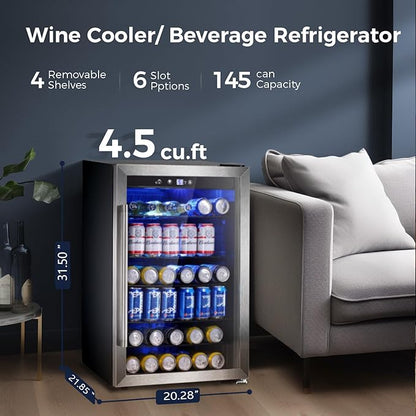 Kismile 4.5 Cu.ft Beverage Refrigerator and Cooler, 145 Can Mini Fridge Glass Door,Digital Temperature Display for Soda, Beer or Wine, Small Drink Dispenser Cooler for Home, Office or Bar(Silver)