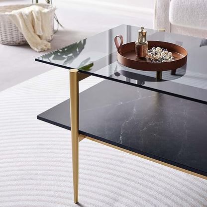 Rectangle Coffee Table for Living Room, Mid-Century Modern Design, L41 x W21 x H17, 2-Tier Structure, Clear Glass Top and Black Marble Wood Shelf, Conical Metal Legs with Gold Finish