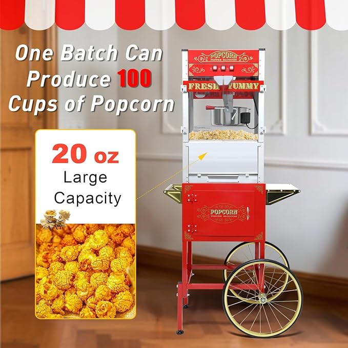20oz Popcorn Machine with Cart, Wheels & Stainless Steel Kettle, Vintage Movie Theater Style, Popcorn Maker Machine for Parties, Events, Home & Commercial Use, Red
