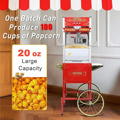 20oz Popcorn Machine with Cart, Wheels & Stainless Steel Kettle, Vintage Movie Theater Style, Popcorn Maker Machine for Parties, Events, Home & Commercial Use, Red