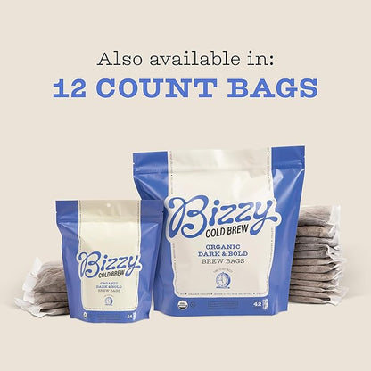 Bizzy Organic Cold Brew Coffee | Dark & Bold Blend | Coarse Ground Coffee | Dark Roast | Micro Sifted | Specialty Grade | 100% Arabica | Brew Bags | 4 Count | Makes 14 Cups