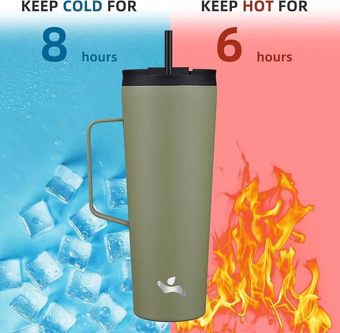 Insulated Tumbler with Handle and Straw, 26 OZ Travel Coffee Mug Stainless Steel Cup Metal Water Bottle,Camp Green