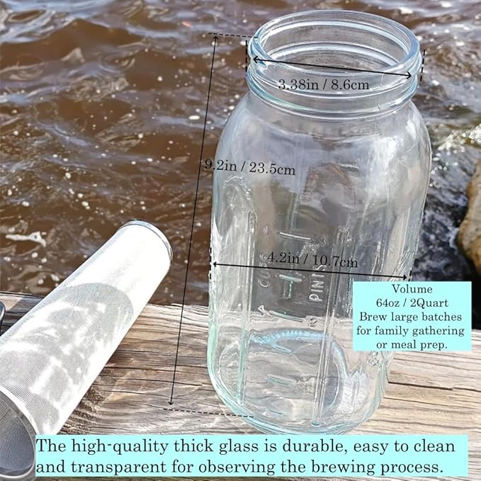 Fermus Cold Brew Coffee Maker, 64oz / 2Quart Glass Pitcher with Stainless Steel Filter and Pour Spout Handle Lid, Mason Jar for Making Cold Coffee, Fruit Drinks, Sun Tea (1, 64 Ounces)