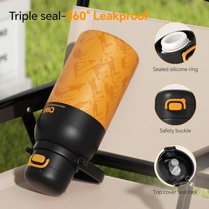 QWE Large Insulated Water Bottle with Straw&Lids,1200ml/40oz Vacuum Sealed Sport Bottles,Double Drinking,Stainless Steel Tumbler with Handle,LeakProof,BPA-Free,for Hiking,Gym,camp (Mountain Orange)