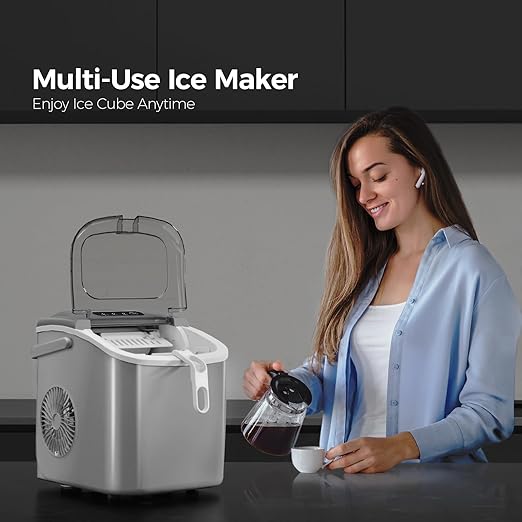 Crzoe Countertop Ice Maker Machine with Handle,26Lbs/24H,9 Cubes Ready in 6 Mins,Self-Cleaning Function with Ice Scoop and Basket for Home/Office(Grey)