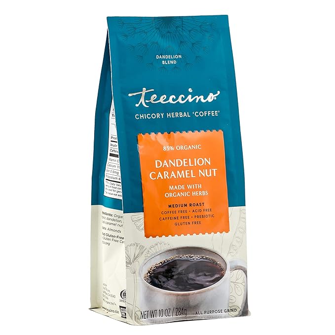 Teeccino Dandelion Caramel Nut Herbal Coffee - Caffeine-Free Coffee Alternative with Prebiotics, Gluten Free, Acid Free - Medium Roast, 10 oz
