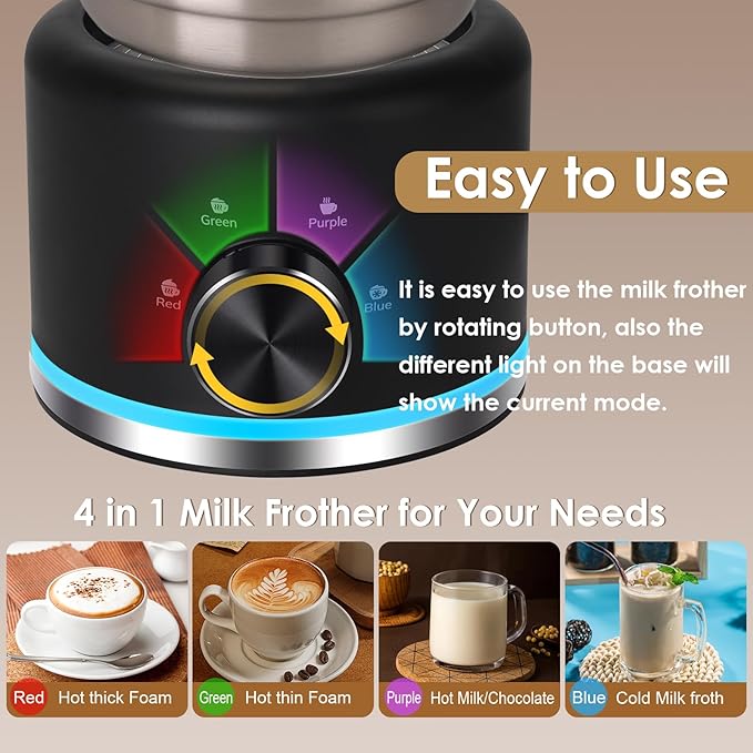 Milk Frother, 16.9 OZ Milk Frother and Steamer, 4 in 1 Electric Milk Frother Dishwasher Safe, Durable Silent Working Frother for Coffee, Hot and Cold Foam Maker, Black