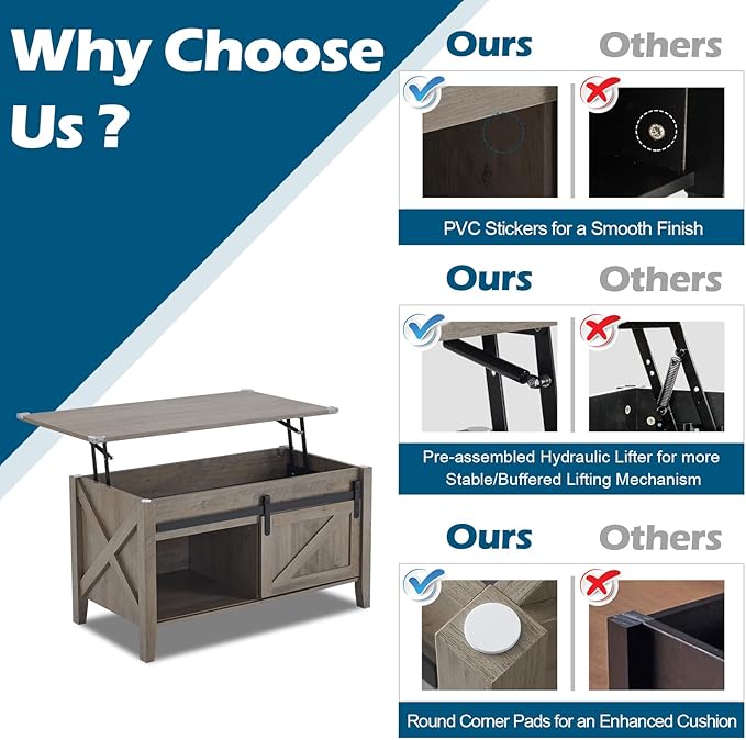 VINGLI Rustic Grey Lift Top Coffee Table, 36" Small Farmhouse Barn Door Coffee Table with Storage, Rectangular Center Coffe Table with Lifting Top, Lift Up Living Room Tables with Hidden Compartment