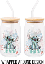 Load image into Gallery viewer, Silver Buffalo Disney Lilo and Stitch Ohana Floral Glass Jar Tumbler with Bamboo Lid and Glass Straw, 16 Ounces