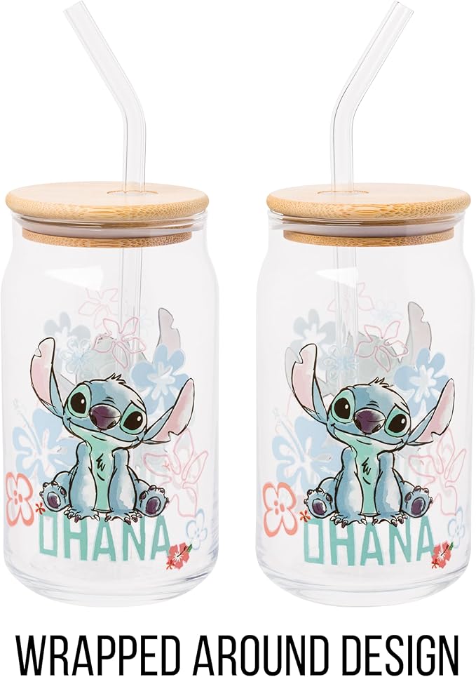 Silver Buffalo Disney Lilo and Stitch Ohana Floral Glass Jar Tumbler with Bamboo Lid and Glass Straw, 16 Ounces