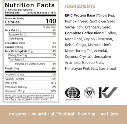 Sprout Living, Epic Protein, Plant Based Protein & Superfoods Powder, Complete Coffee | 20 Grams Organic Protein Powder, Adaptogens, Mushrooms, Vegan, Non-GMO, Gluten Free (2 Pound, 24 Servings)