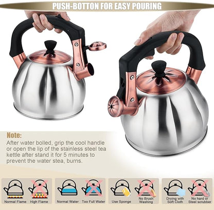 Stainless Steel Tea Kettle for Stove Top Teakettles Stovetop Whistling with Heat Proof Ergonomic Handle 2.5 Quart