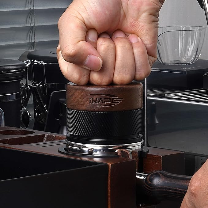 IKAPE 51MM Espresso Tamper, New Wooden Handle Design，Premium Barista Coffee Calibrated Tamper with Spring Loaded, 100% Stainless Steel Tamper Compatible with All 51MM Bottomless Portafilter