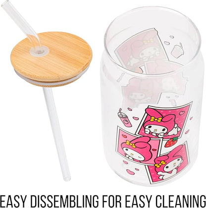 Silver Buffalo Sanrio Hello Kitty and Friends My Melody Polaroids Glass Jar Tumbler with Bamboo Lid and Glass Straw, 16 Ounces