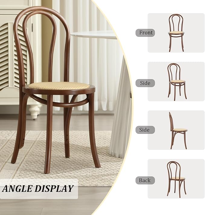 Kmax Vintage Dining Chairs Set of 2, Thonet Soild Wood Rattan Dining Room Chairs Armless French Country Kitchen Chairs Accent Chair for Wedding Hotel Dessert Shop Cafe Business, Walnut