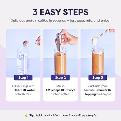 Javvy S’Mores Protein Iced Coffee - Premium Whey Protein & Instant Iced Coffees - 100% Natural Cold Brew - Zero Artificial Flavors & Sweeteners, 80 mg Caffeine, No Added Sugar, 20 Servings