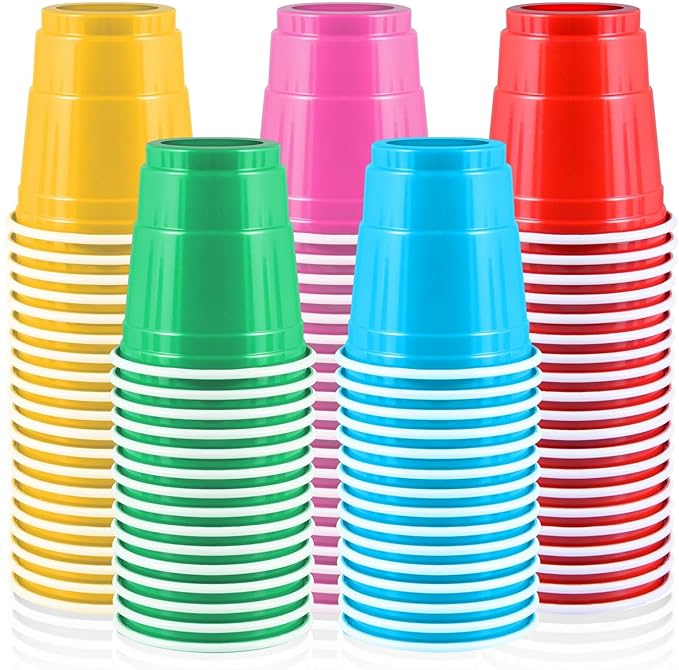 100 Pack 2 oz Plastic Shot Cups, Mini Disposable Shot Glasses, 2 oz Party Mini Cups for Bachelorette Party, Birthday, Parties Favor, Baby Shower Supplies (Multi Colors)