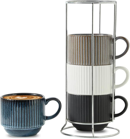HASENSE Coffee Cups Set of 4 with Stand, 15 OZ Stackable Coffee Mugs with Handle for Tea, Cocoa, Cappuccino, Latte and Americano, Porcelain Vertical Stripe Coffee Cups for Men and Women, Colorful