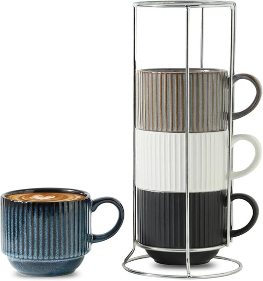 HASENSE Coffee Cups Set of 4 with Stand, 15 OZ Stackable Coffee Mugs with Handle for Tea, Cocoa, Cappuccino, Latte and Americano, Porcelain Vertical Stripe Coffee Cups for Men and Women, Colorful