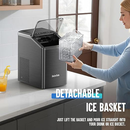 Nugget Ice Maker Countertop, 40lbs/24H Soft Chewable Pellet Ice Machine with Self-Cleaning, Sonic Ice Maker for Home Kitchen, Office - Black Stainless