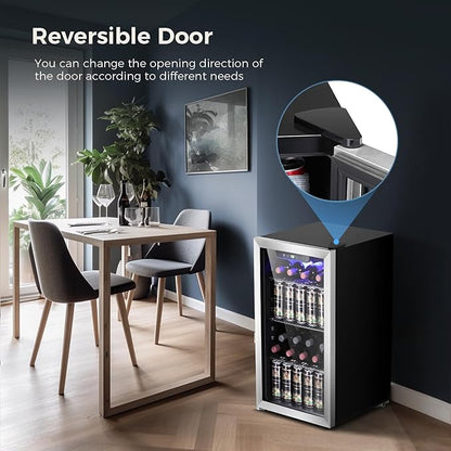 Kismile 3.2 Cu.ft Beverage Refrigerator and Cooler,130 Can Mini Fridge Glass Door,Digital Temperature Display for Soda, Beer or Wine, Small Drink Dispenser Cooler for Home, Office or Bar(Silver)
