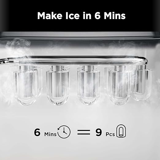 Silonn Countertop Ice Maker, 9 Ice Cubes in 6 Mins, 26 Lbs in 24 Hrs, Compact Ice Machine with Ice Basket & Scoop, 2 Ice Sizes, Self-Cleaning Ice Maker for Home/Party/Office/Bar/Dorm, Black