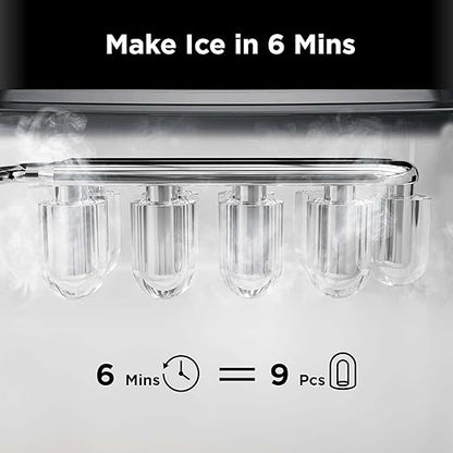 Silonn Countertop Ice Maker, 9 Ice Cubes in 6 Mins, 26 Lbs in 24 Hrs, Compact Ice Machine with Ice Basket & Scoop, 2 Ice Sizes, Self-Cleaning Ice Maker for Home/Party/Office/Bar/Dorm, Black