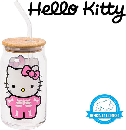 Silver Buffalo Sanrio Hello Kitty Halloween Spooky Skeleton Glass Jar Tumbler with Bamboo Lid and Glass Straw, 16 Ounces