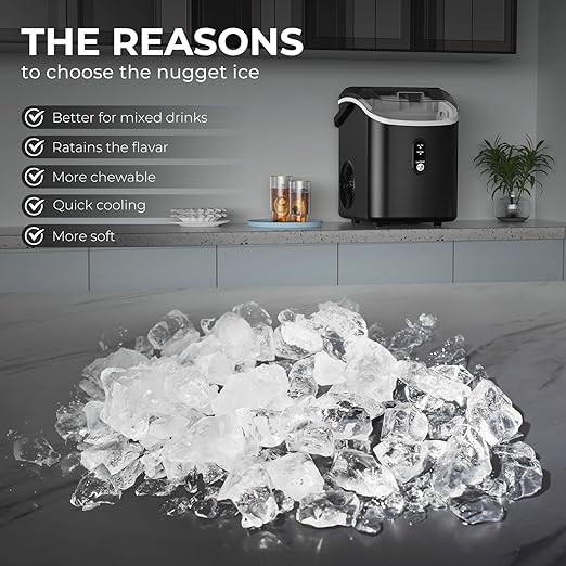 Nugget Ice Maker Countertop, 35.5Lbs/24Hrs Chewable Sonic Ice Machine with Self-Cleaning, Handle, Water Tank, Quiet Operation & Portable Pellet Ice Maker for Home, Office, Kitchen, Bar, Deep Black