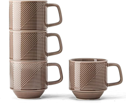 Stackable Coffee Mugs Set: 13 oz Ceramic Stacking Cups for Cappuccino Latte Tea - Microwave Safe Mug for Home & Office - 4 PCS, Grey