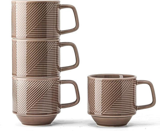 Stackable Coffee Mugs Set: 13 oz Ceramic Stacking Cups for Cappuccino Latte Tea - Microwave Safe Mug for Home & Office - 4 PCS, Grey