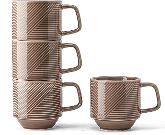 Stackable Coffee Mugs Set: 13 oz Ceramic Stacking Cups for Cappuccino Latte Tea - Microwave Safe Mug for Home & Office - 4 PCS, Grey
