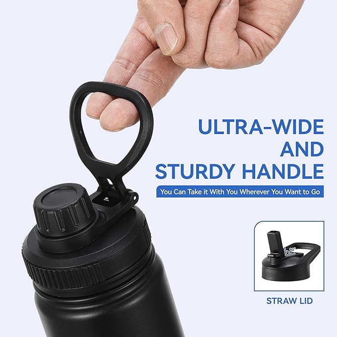 DOMICARE 16 oz Kids Water Bottle for School Stainless Steel Double Wall Vacuum Insulated Water Bottle with Straw lids & Spout Lid, Leakproof BPA Free （Black,4）