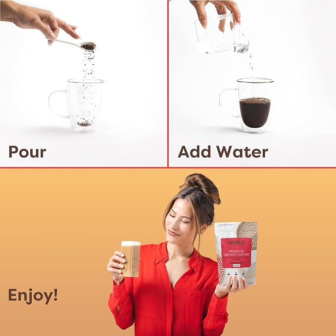 Waka Instant Coffee, Decaffeinated Medium Roast - 100% Arabica Colombian Beans, Freeze Dried Granules, No Sugar or Additives - Bulk Bag for Quick Hot and Iced Coffees, Up to 35 Cups (3.5oz)