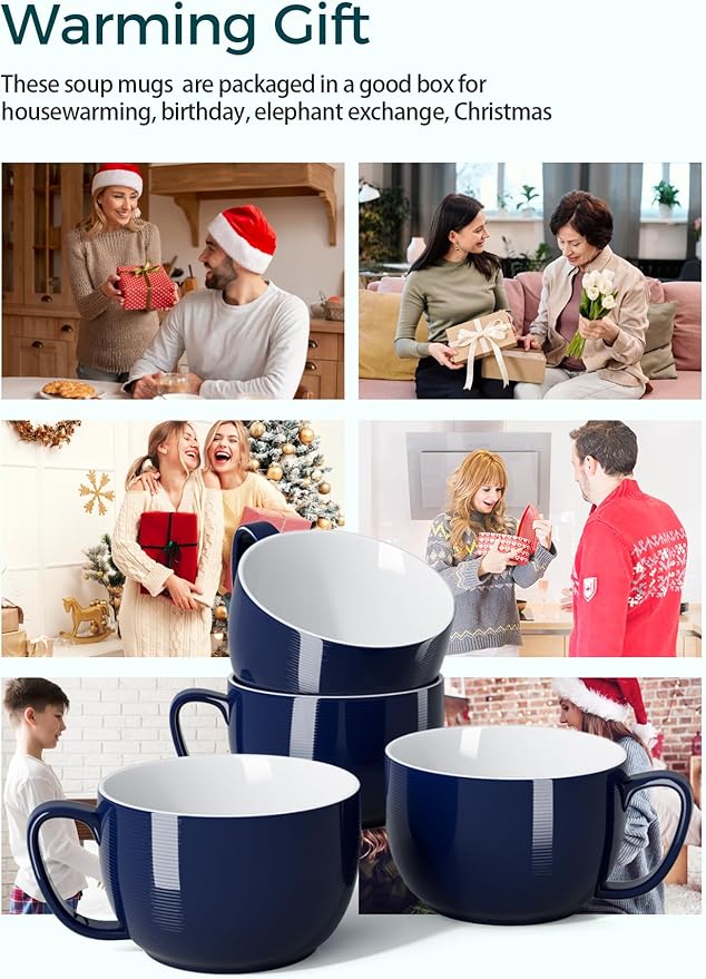 Teocera Porcelain Coffee Mugs, Soup Mugs Bowls with Handle, 24 oz Latte Mugs Set of 4 - Striped Design, Navy