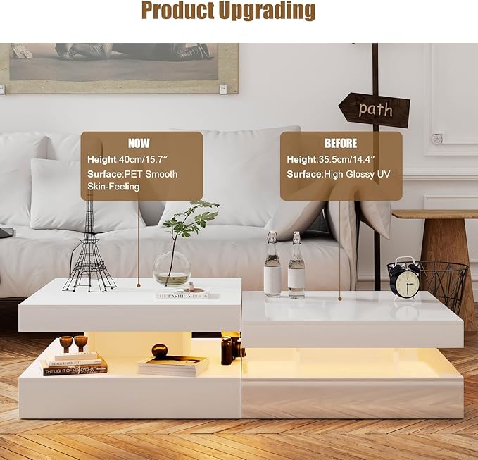 White LED Coffee Table for Living Room, Living Room Table 2-Tier Square Middle Center Table, Modern Coffee Tables with Storage, Wood Tea Tables for Dining Reception, Skin Feeling