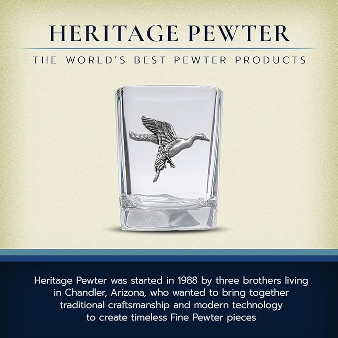 Heritage Pewter Pintail Duck Square Shot Glass | Hand-Sculpted 1.5 Ounce Shot Glass | Intricately Crafted Metal Pewter Inlay