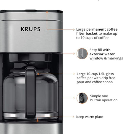 KRUPS Newer Model Drip Coffee Maker, 10-Cup, Silver
