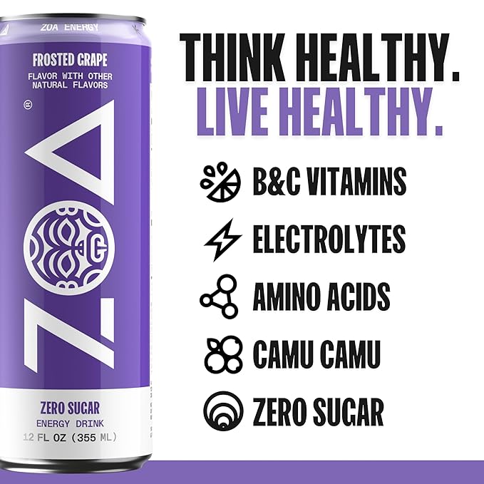 ZOA Zero Sugar Energy Drinks, Frosted Grape - Sugar Free with Electrolytes, Healthy Vitamin C, Amino Acids, Essential B-Vitamins, and Caffeine from Green Tea - 12 Fl Oz (12-Pack)