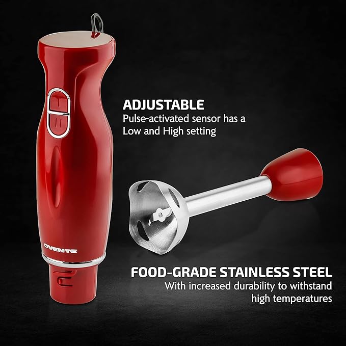 OVENTE Immersion Hand Blender, 300W Electric Handheld Portable Stick Mixer with 2 Mixing Speed and Stainless Steel Blades for Effortless Blending Smoothies, Shakes, Puree or Baby Food, Red HS560R