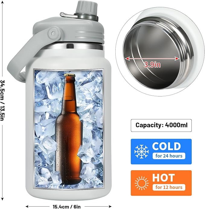 1 Gallon Thermosflask with Straw, 135oz Stainless Steel Insulated Water Bottle，4L Oversized Double Wall Vacuum Jug with Handle for Hot Cold Drinks, Wide mouth Icebuckets for Hiking Sports(White)